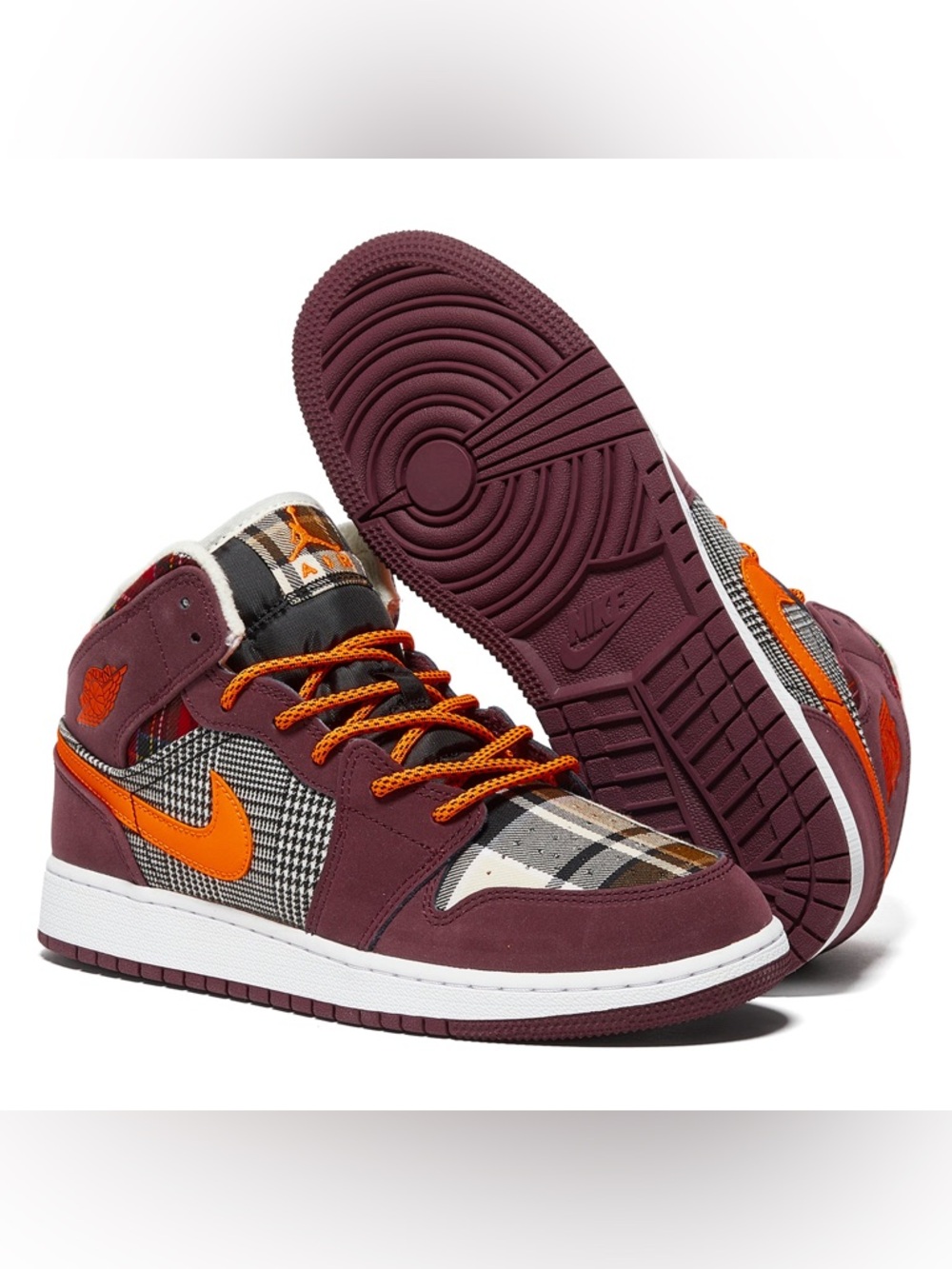 Jordan 1 Mid SE Plaid "Night Maroon/Total Orange/Black/White" Shoes Sneakers
